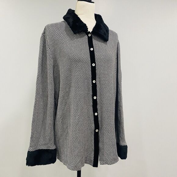 NEIMAN MARCUS VTG XL Faux Fur Trim Button Up Cardigan Shacket Houndstooth Retro - Picture 4 of 16